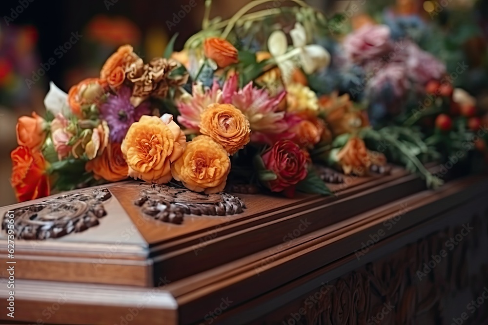 Wooden coffin with a fresh and elegant floral arrangement.