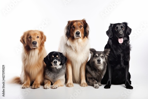 An adorable group of adorable purebred dogs of various breeds in front of a white background.