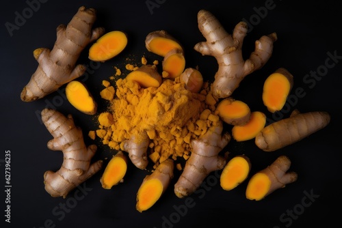 Aromatic and nutritious turmeric, an exotic yellow spice on a black background, top view.