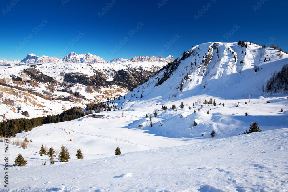 Dolomity superski mountain resort with torri del sella, piz boe and sella ronda, Canazei, Italy, Europe.  