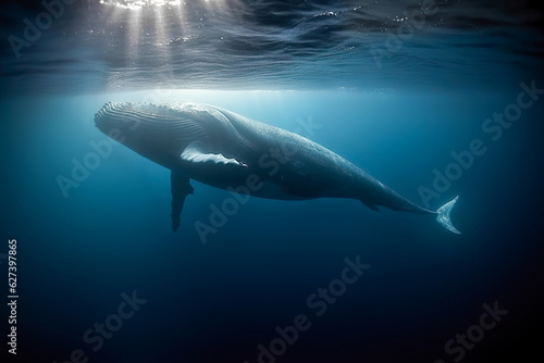 Humpback whale swimming underwater illuminated by sun rays. Amazing wildlife. Generative Ai © Shootdiem