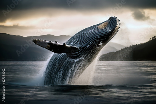 Jumping humpback whale out of the water. Amazing wildlife. Generative Ai © Shootdiem
