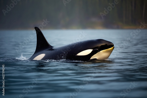 Killer whale Orca traveling in the ocean with stunning background. Amazing Wildlife. Generative Ai © Shootdiem