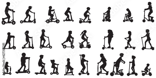 Silhouette of children driving scooter vector collection