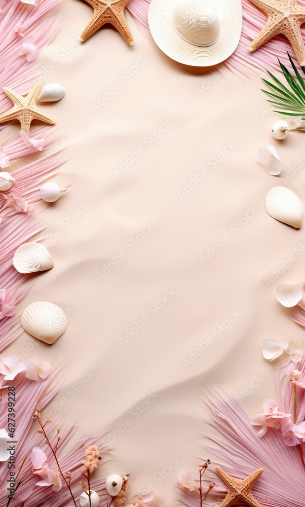 Beach themed frame for Flyers, Menù or Posters with Holiday Vacation Elements with space for text - Generative AI Beach themed frame for Flyers, Menù or Posters with Holiday Vacation Elements with space for text - Generative AI
