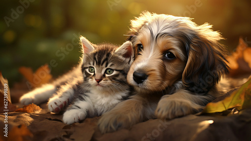 portrait of a puppy and cat