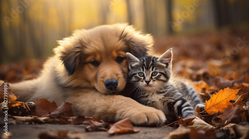 Fotografie, Obraz dog and cat in autumn park