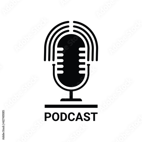 black simple podcast logo with speaker. flat retro style logotype graphic art design element isolated on white background. concept of on air record for entertainment and transmit sound voice and music