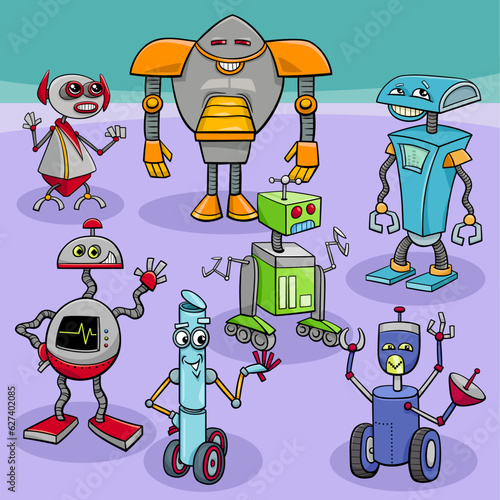 cartoon colorful robots and droids characters group