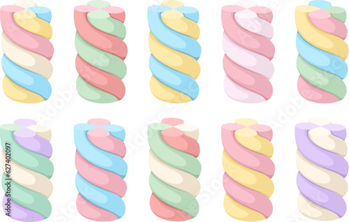 Collection of twist marshmallows in different colors. Vector illustration isolated on white background.