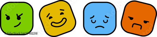 Four square colored emotions on a white background. 4 square emotions of four colors- green, yellow, blue and red on a white background. Tricky, funny, sad and angry emotions in vector graphics. Illus