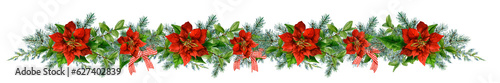A long colorful Christmas garland with fir branches, holly, red poinsettia flowers, red bows and berries hand drawn in watercolor. Watercolor Christmas illustration. Isolated image