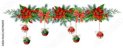 A colorful Christmas garland with fir branches, holly, hanging bells, red poinsettia flowers, red bows and berries, hand drawn in watercolor. Watercolor Christmas illustration. Isolated image