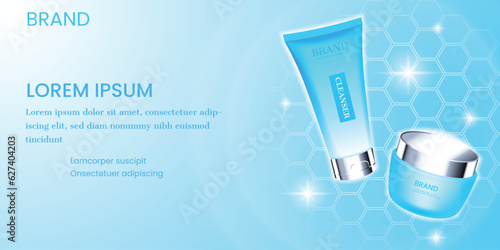 Skin care products with hexagon shape background template