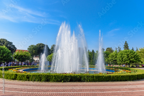 Loznica, Serbia - July 12, 2023: Medical wellness center Banja Koviljaca, Serbia. Beautiful fountain in center of Banja Koviljaca.