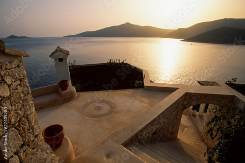 View of the Mediterranean over the terrace of a beach club; Kalkan, Turkey photo