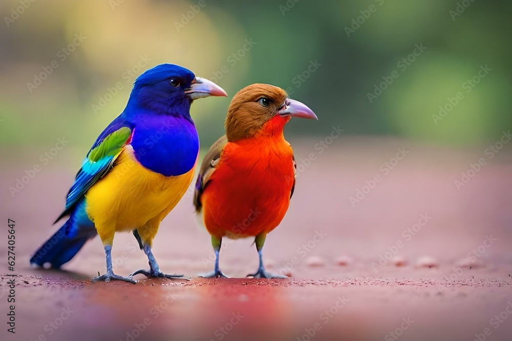 blue and yellow birds on the beach.generated Ai technology
