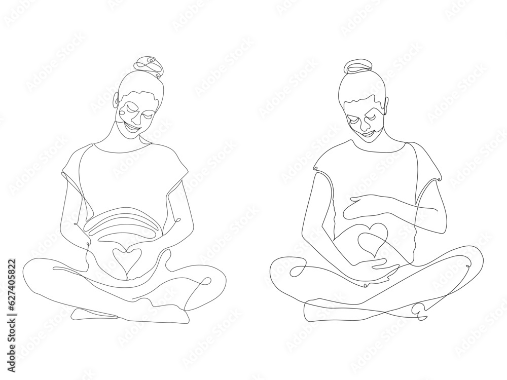 Pregnant woman makes yoga and meditation. Concept pregnancy, motherhood, health care. Illustration in flat style. One line drawing Pregnant woman makes yoga and meditation. Concept pregnancy, motherhood, health care. Illustration in flat style. One line drawing