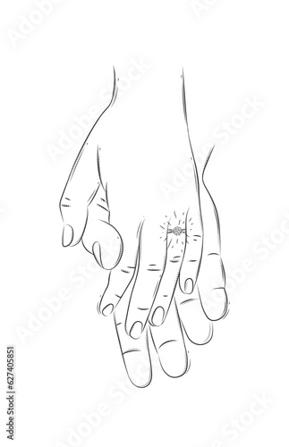 Hands of woman with ring and man holding each other and waiting for the wedding drawing on white background