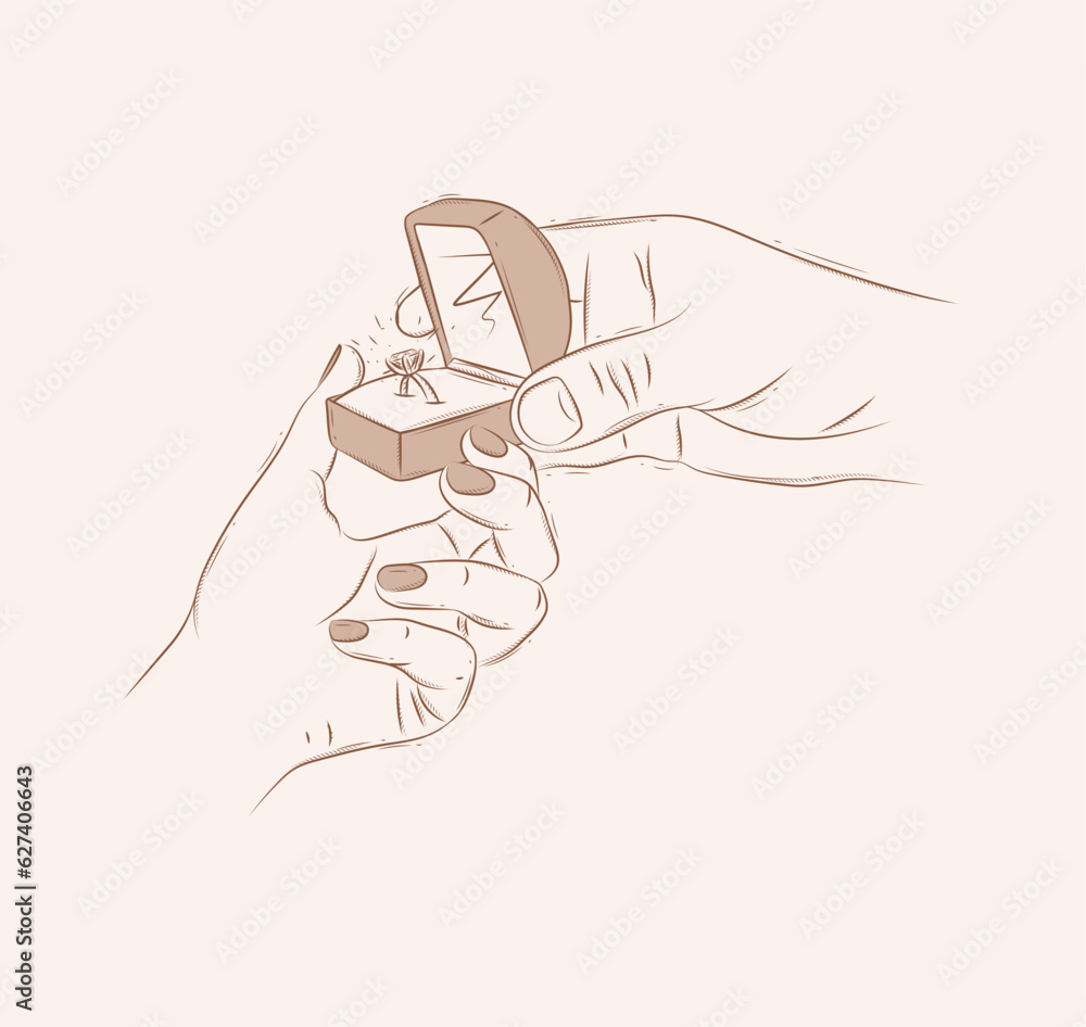 Man makes an wedding purpose to a girl and gives a ring in a jewelry box drawing on beige background