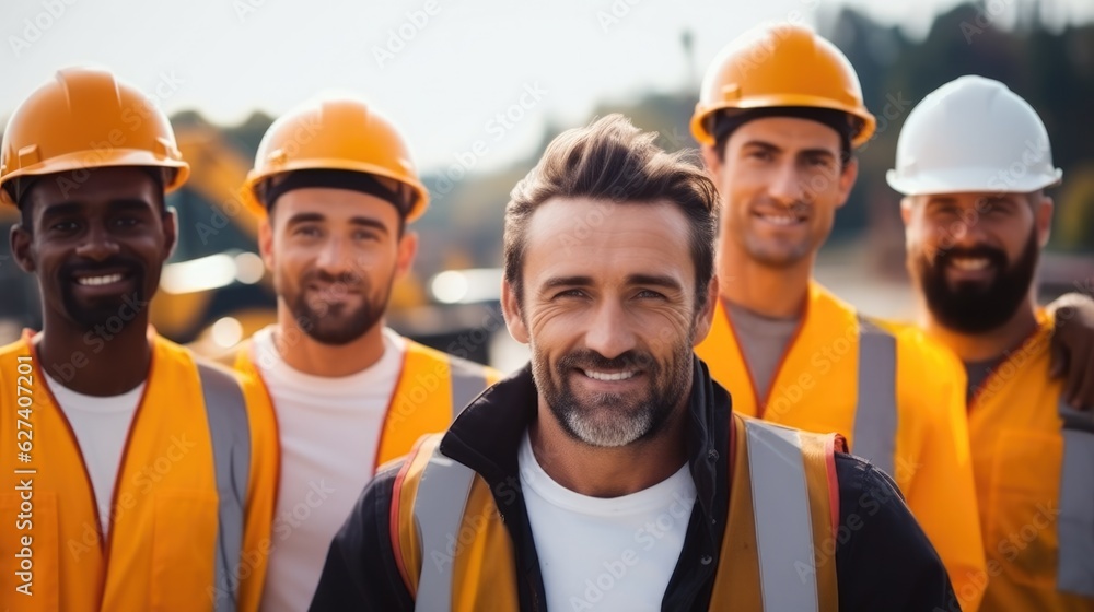 Group of male construction workers standing at a building site. Group of male construction workers standing at a building site.