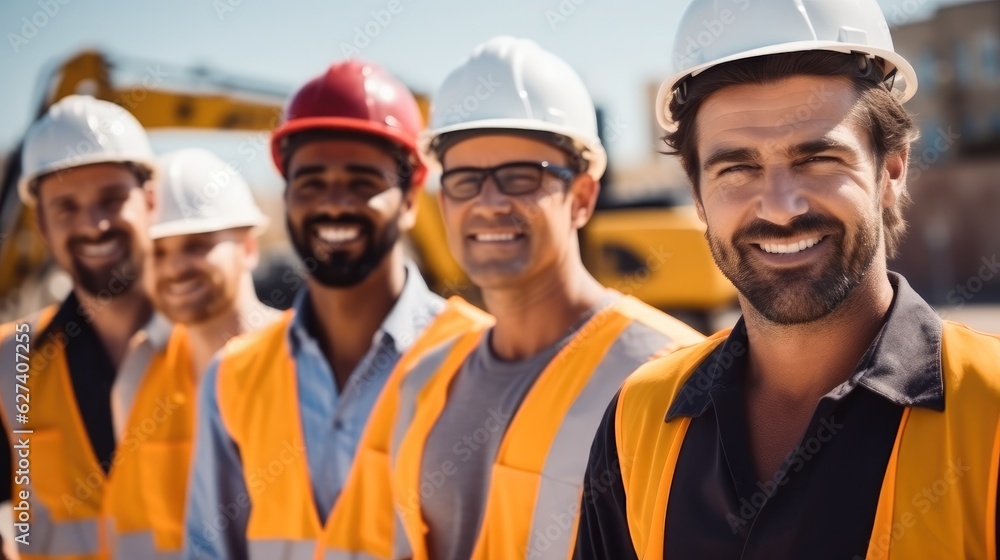 Group of male construction workers standing at a building site. Group of male construction workers standing at a building site.