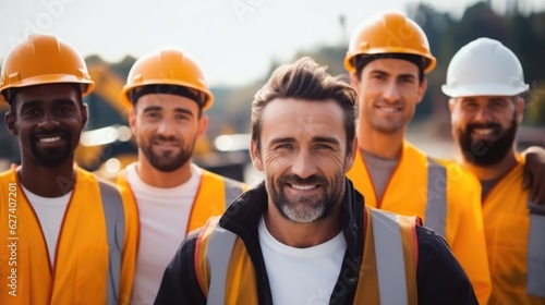 Group of male construction workers standing at a building site.