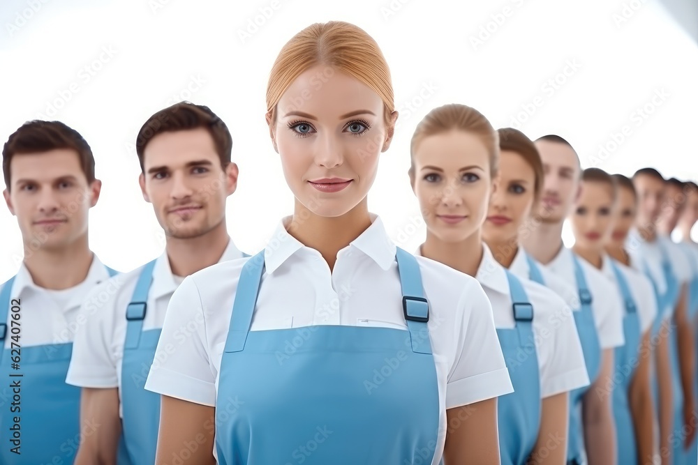 Diverse group of professional cleaners, Large group of cleaners standing in a queue. Diverse group of professional cleaners, Large group of cleaners standing in a queue.