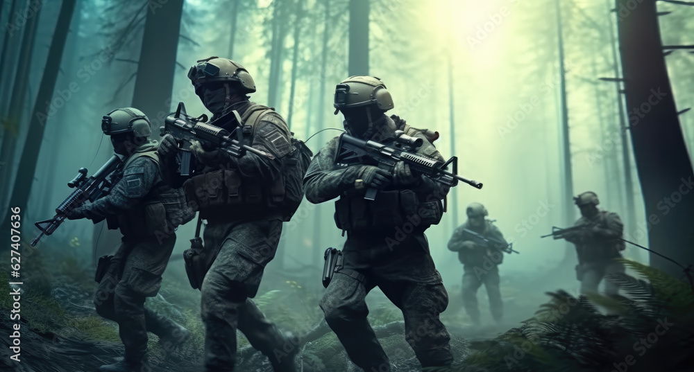 Soldiers during Military Mission, Group of special forces soldiers on the move. Soldiers during Military Mission, Group of special forces soldiers on the move.