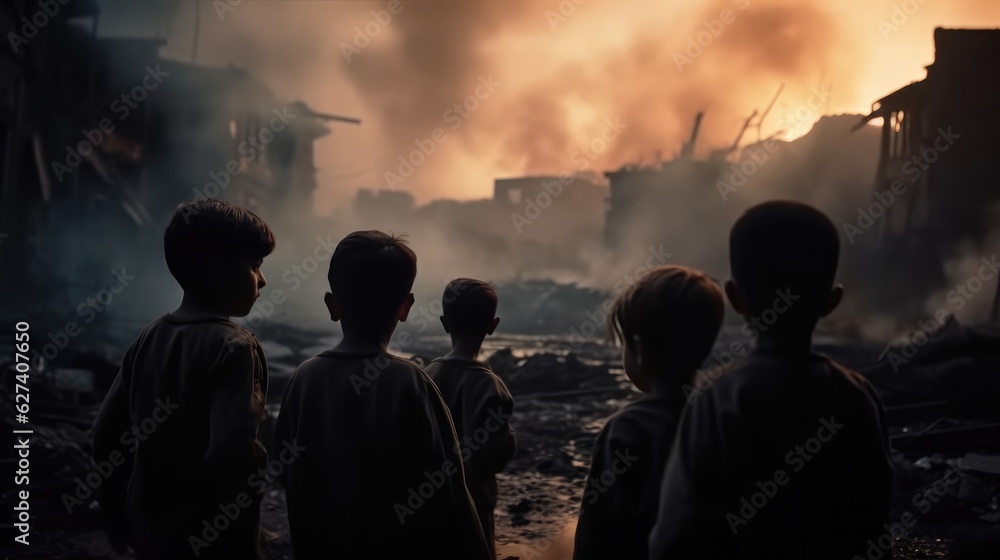 Group of children standing looking amidst the ruins of a destroyed city, War Concept.