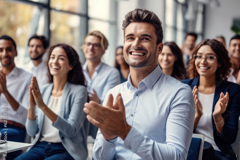 Applause and businessman in an audience with a group of people clapping for a victory or achievement, Winner, Wow and motivation with a team of colleagues in a coaching or training seminar. Applause and businessman in an audience with a group of people clapping for a victory or achievement, Winner, Wow and motivation with a team of colleagues in a coaching or training seminar.