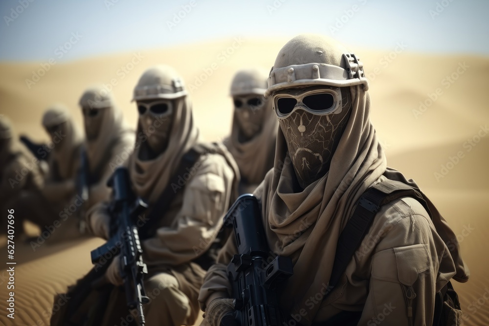 A group of special forces soldiers, Team of United states airborne infantry men with weapons moving patrolling desert. A group of special forces soldiers, Team of United states airborne infantry men with weapons moving patrolling desert.
