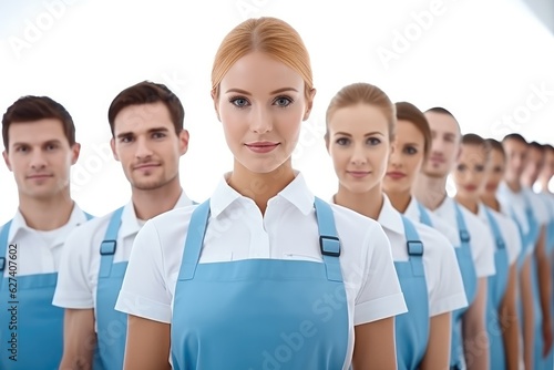 Diverse group of professional cleaners, Large group of cleaners standing in a queue.
