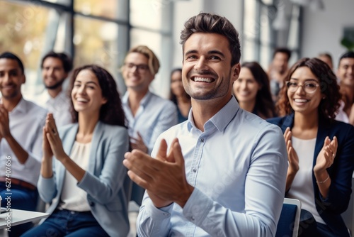 Applause and businessman in an audience with a group of people clapping for a victory or achievement, Winner, Wow and motivation with a team of colleagues in a coaching or training seminar.
