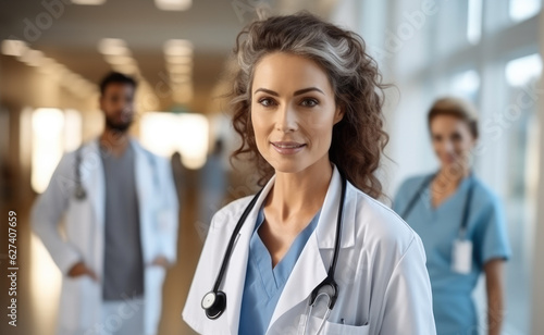 Portrait of smiling female doctor with stethoscope standing in hospital hallway, Medical staff.