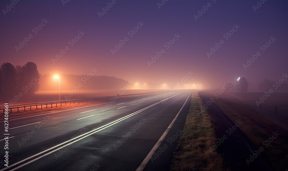 Classic night view of the road. Evening road after rain. Highway to city on sunset. For banner, book illustration Created with generative AI tools