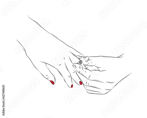 Hand of man wearing wedding ring on woman finger drawing on white background with red