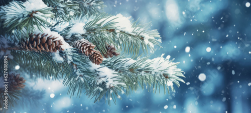 Christmas snowy winter holiday celebration greeting card - Closeup of pine branch with pine cones and snow  defocused blurred background with blue sky and bokeh lights and snowflakes  Generative Ai 