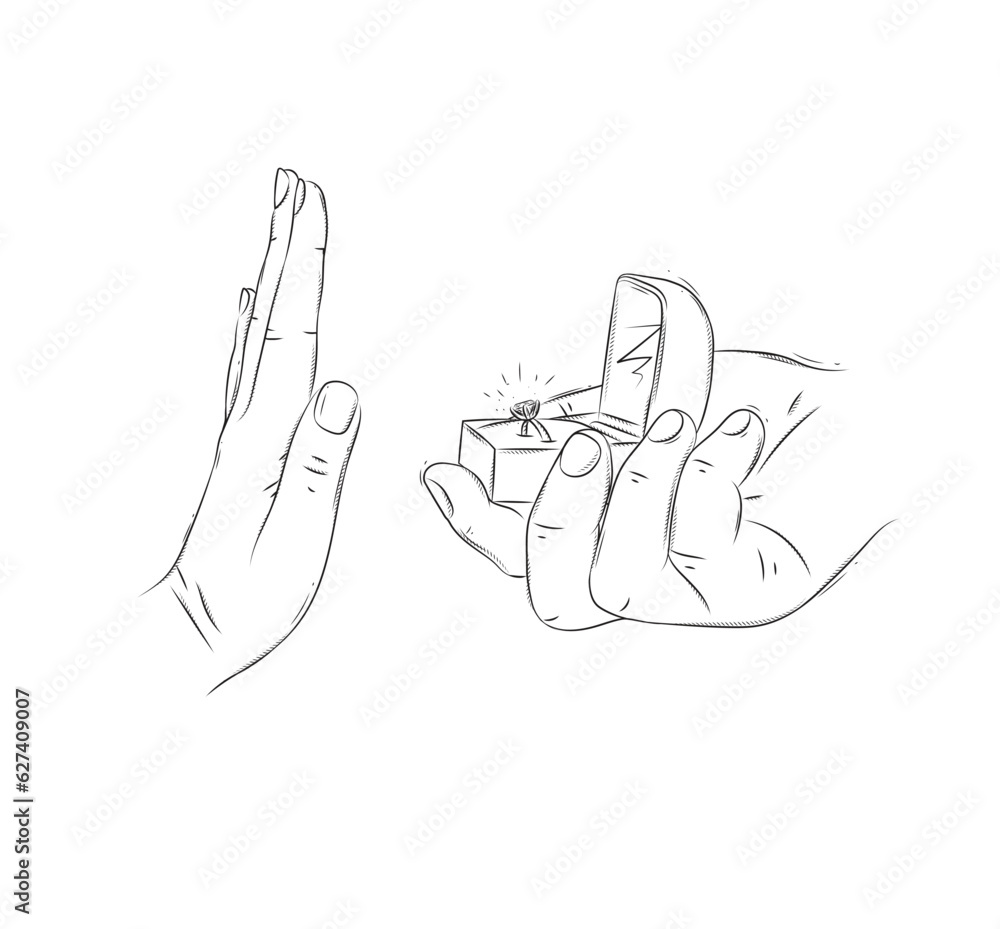Woman hand reject marriage proposal with ring in jewelry box drawing on white background