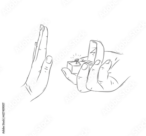 Obraz na płótnie Woman hand reject marriage proposal with ring in jewelry box drawing on white background w salonie