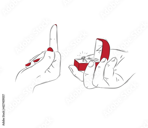 Woman hand hard reject marriage proposal with ring in jewelry box drawing on white background with red