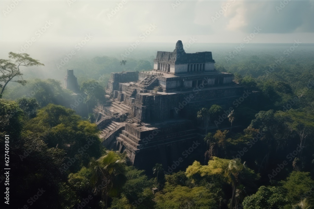 Ancient mayan city with massive temple in dense nature background generative ai