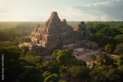 Ancient mayan city with massive temple in dense nature background generative ai