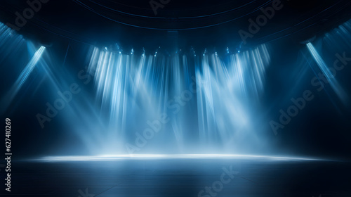 Empty stage of the theater, lit by spotlights before the performance. Red round podium on bright background