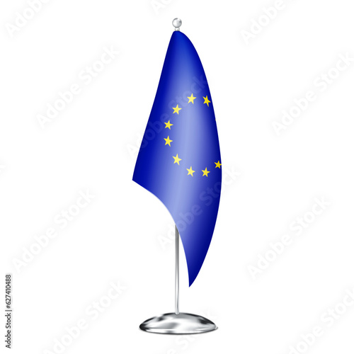 Fabric table flag of Europe on metal pole stand isolated on white background. Office desk small European Union flag. EU banner. Realistic vector illustration