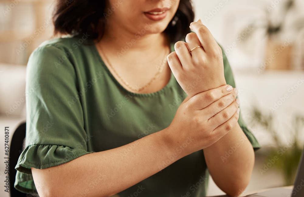 Wrist pain, hands and hurt woman with anatomy injury, osteoarthritis or