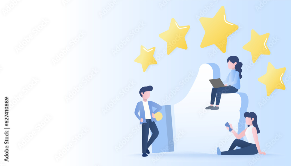 Customer satisfaction and give 5 star thumb up. Represent customer satisfaction, loyalty, survey, review, 5 star rating, positive thinking. Flat vector design illustration with copy space. Customer satisfaction and give 5 star thumb up. Represent customer satisfaction, loyalty, survey, review, 5 star rating, positive thinking. Flat vector design illustration with copy space.