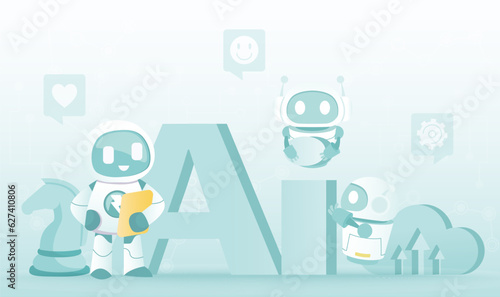 Artificial intelligence (AI) technology concept. AI character, tactical plan, thinking, working, management, improvement, development, solving problem. Flat vector design illustration.