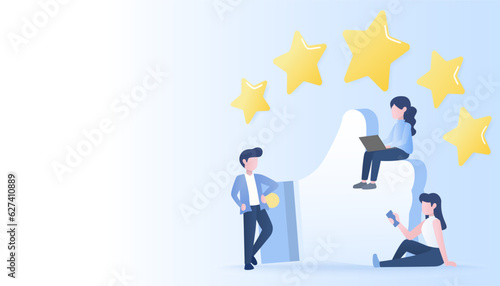 Customer satisfaction and give 5 star thumb up. Represent customer satisfaction, loyalty, survey, review, 5 star rating, positive thinking. Flat vector design illustration with copy space.
