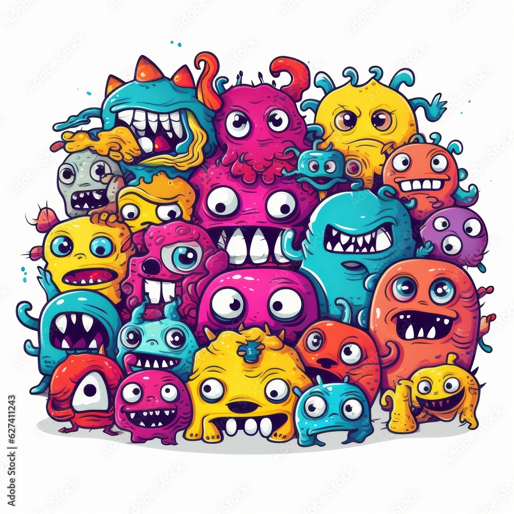 Playful doodle monsters unite in a colorful icon, Generative AI.